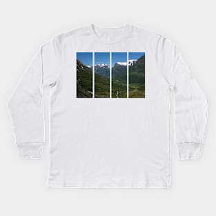 Wonderful landscapes in Norway. Vestland. Beautiful scenery of mountain valley in Djupevatn on the Geiranger -Trollstigen scenic route. Snowed mountains and winding roads in background Kids Long Sleeve T-Shirt